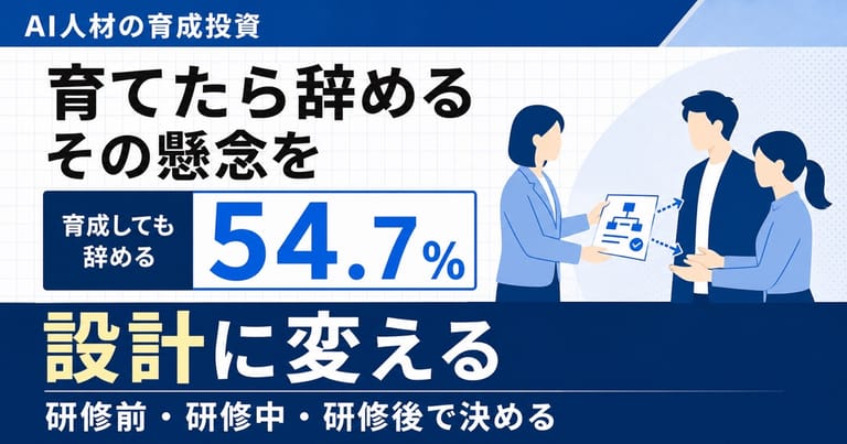 「育てたら辞める その懸念を 設計に変える」という日本語見出しと、3段階の設計手順を表す簡素な図解を組み合わせた記事サムネイル