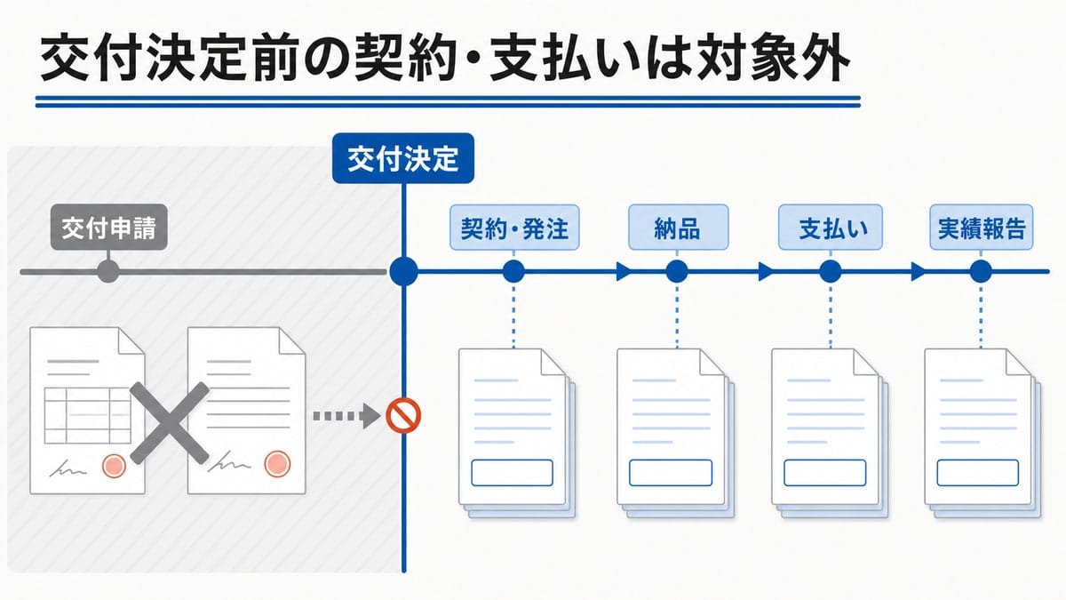 時間軸の中央に境界線が立ち、左側の契約書記号にバツ、右側に工程の駒と証憑の束が並ぶタイムライン図。