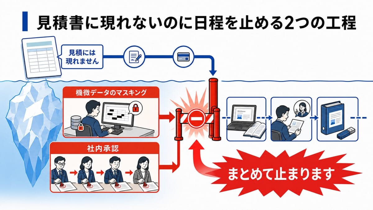 見積書には現れない機微データのマスキングと社内承認が、後続の教材作成工程を停止させる氷山型の図。