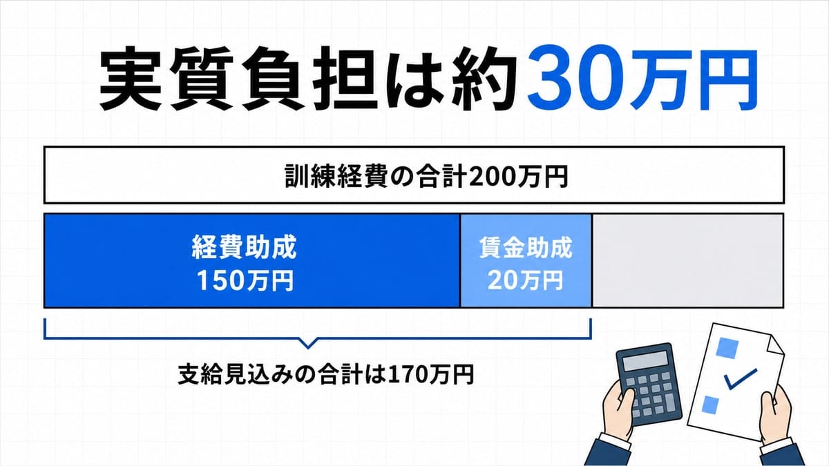 訓練経費200万円の帯が経費助成150万円と賃金助成20万円、残りの小さな区分に分割された帯グラフの図解