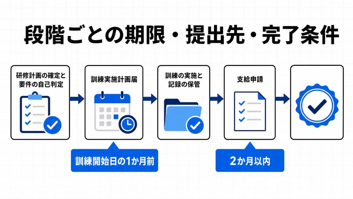 5つのノードが矢印で連なり、2番目と4番目のノードの下に期限を示す旗が立てられた横一列の工程図