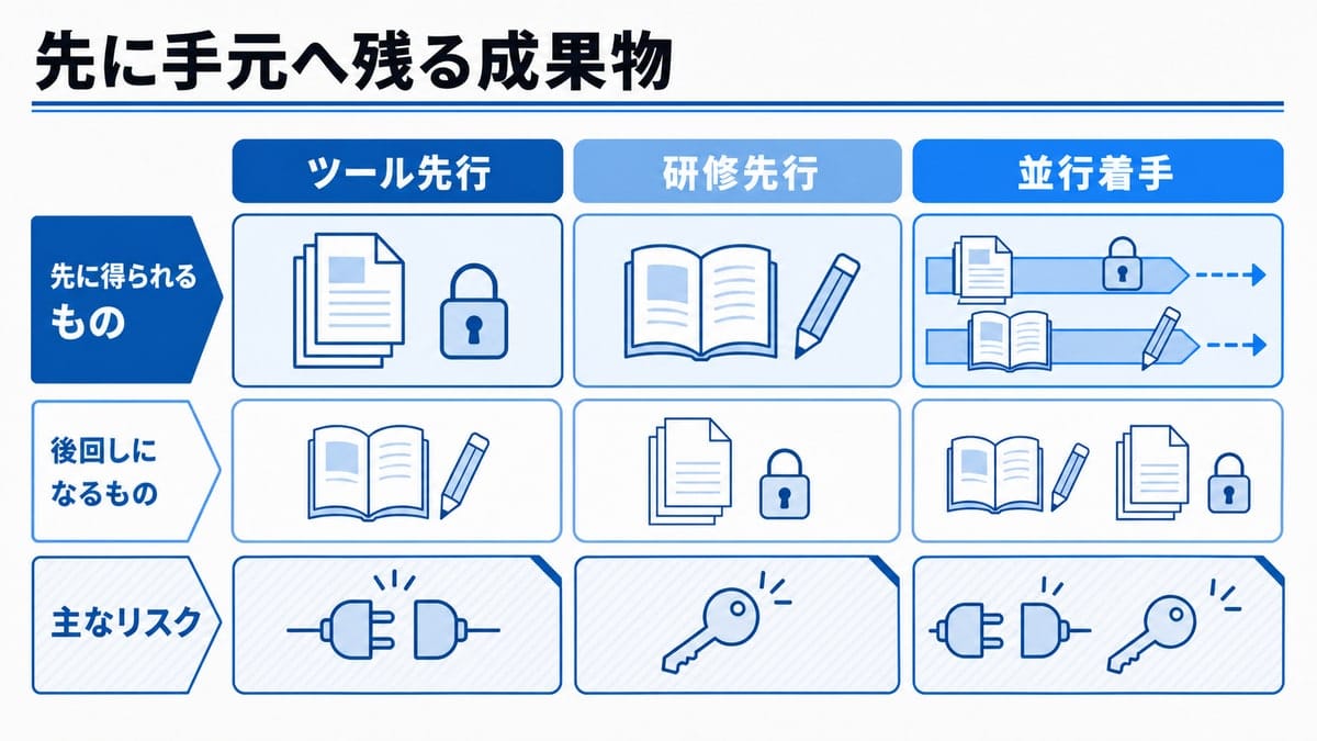 ツール先行・研修先行・並行着手を3列に並べ、先に得られるもの・後回しになるもの・主なリスクの3段で対比した図
