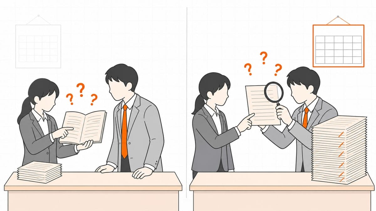 左は手順書を指して尋ねる場面、右は出力用紙を虫眼鏡で確かめる場面を並べた対比の絵