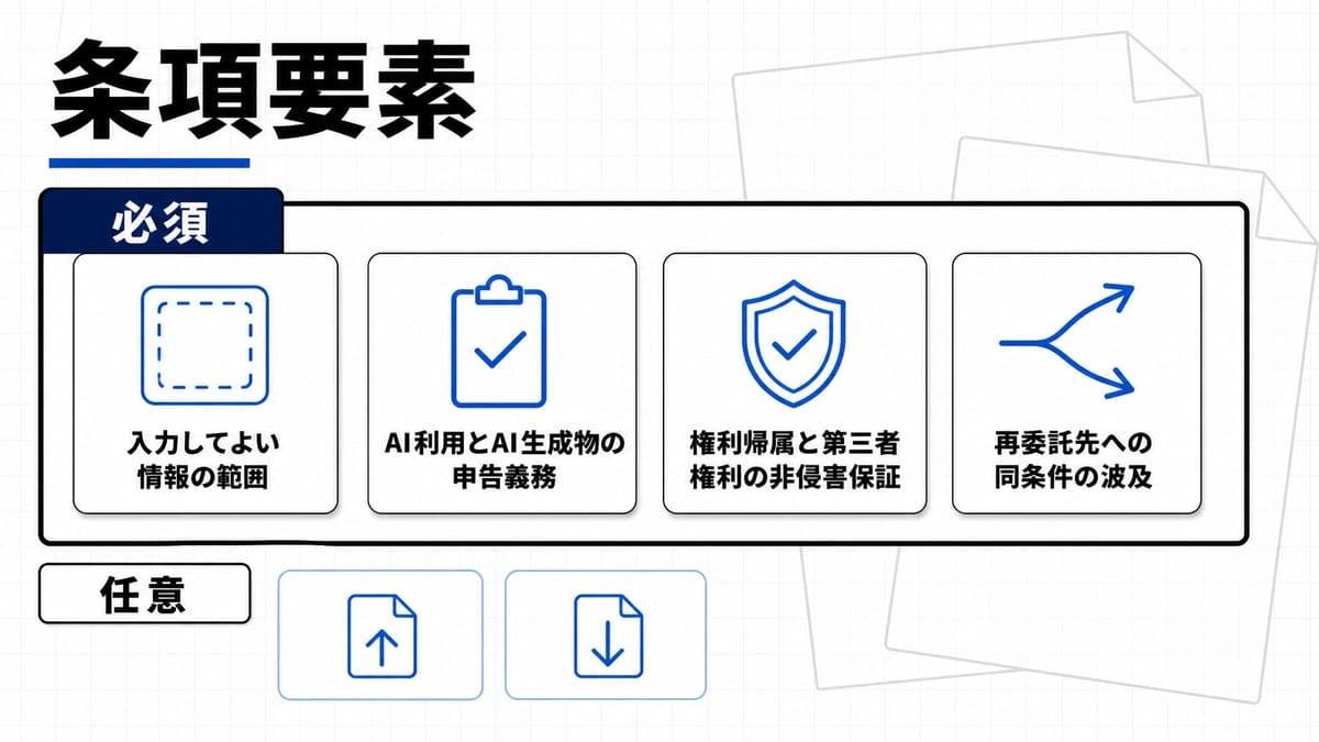 必須の4枚のカードを太い枠でひとまとめにし、その下に細い枠の任意カードを並べた条項要素の整理図