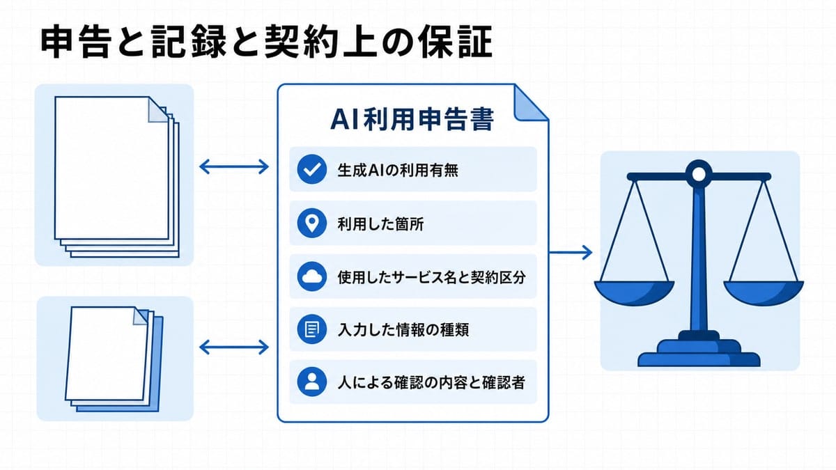 納品物と貸与資料の一覧を、5項目が並ぶ申告書と突き合わせ、右端の天秤で受入れを判断する流れの図