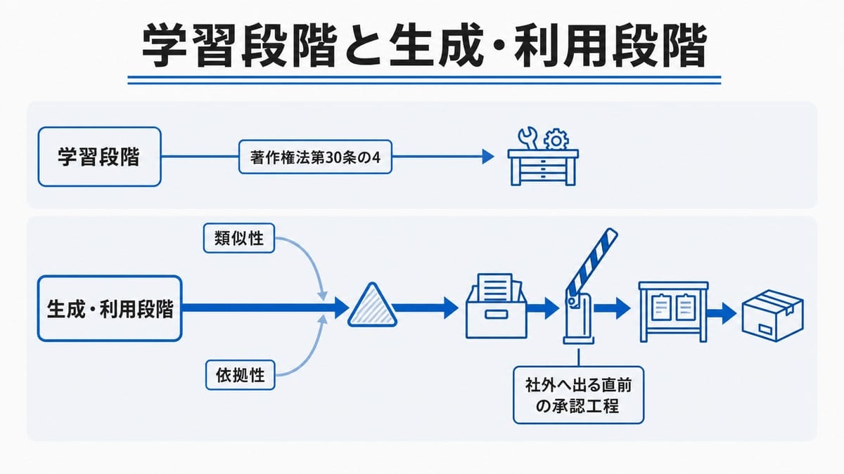 分岐した2本の経路のうち下の主線に2本の細い線が合流し、注意記号を経て社外へ出る手前の検問ゲートへ至る関係図