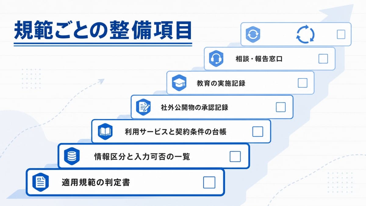 左下から右上へ上がる7段の階段に横長の板を並べ、各板にバッジ形の記号とチェック枠を添えた段階図
