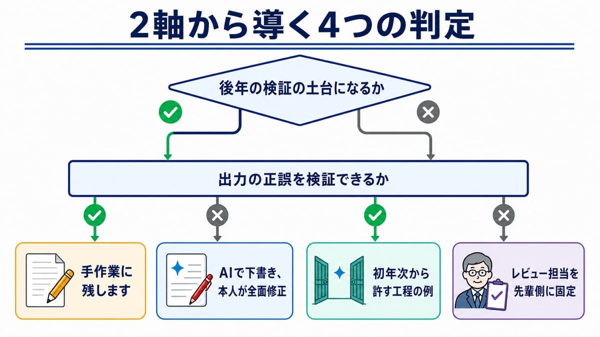 後年の検証の土台になるか、本人が出力の正誤を検証できるかの順に答え、4つの運用へ分かれる判定フロー。