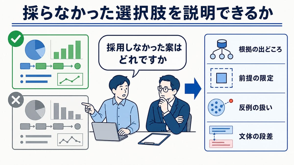 若手が採用しなかった案を先輩へ説明し、成果物の根拠、前提、反例、文体の段差を確認するレビュー場面。