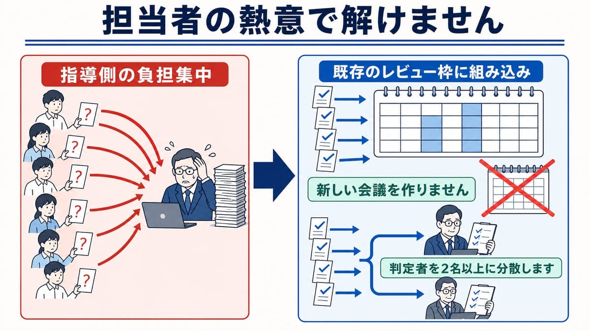 複数の若手から1人の先輩へ集中していたAI指導を、既存レビューへ組み込み2人以上の判定者へ分散する前後比較。