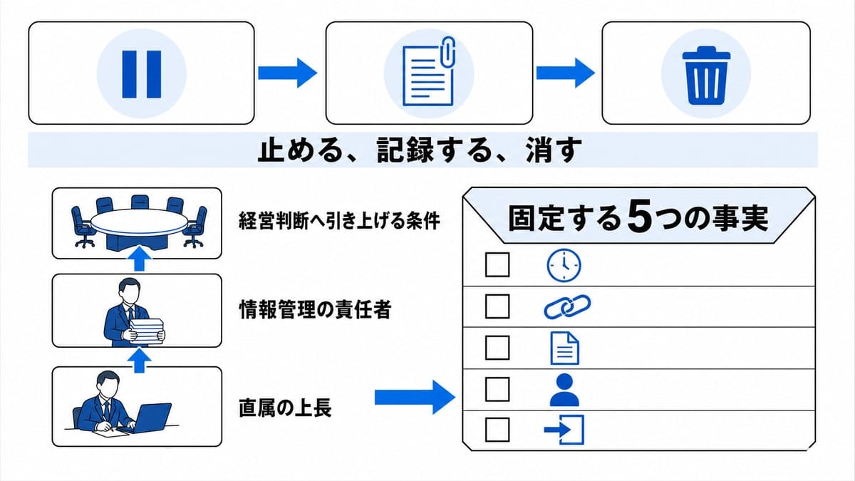 停止・記録・削除の3工程バンドと、上長から責任者・経営へ上がる縦の報告経路、5行の空欄記録カードを組み合わせた図解。