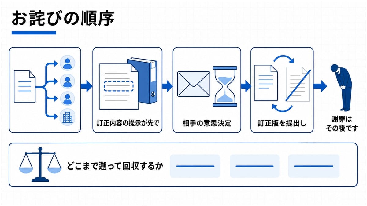 出した先の洗い出しから訂正版の差し替えと謝罪までを左から右へ並べ、下段に天秤の判断枠を置いた工程図。