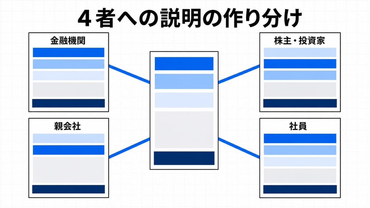 中央の計画シートから4枚の説明資料カードへ線が分岐し、各カード内の項目帯の順序が入れ替わっている図