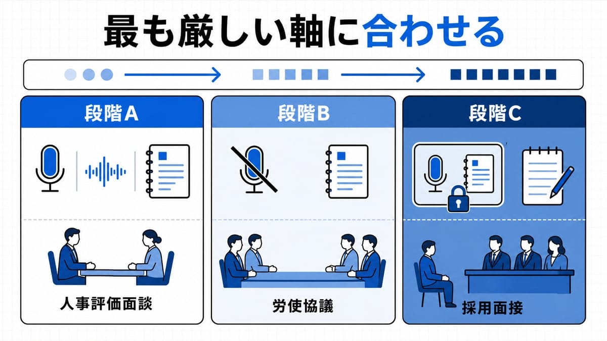 制限の強さ順に並ぶ3枚の縦カードに、録音・要約の可否と該当する会議例の札が示された比較図