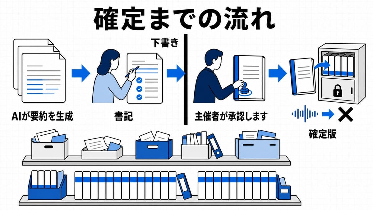 要約の生成から修正、承認、確定版の保管までが4段階で並び、途中に太い境界線が引かれた流れ図