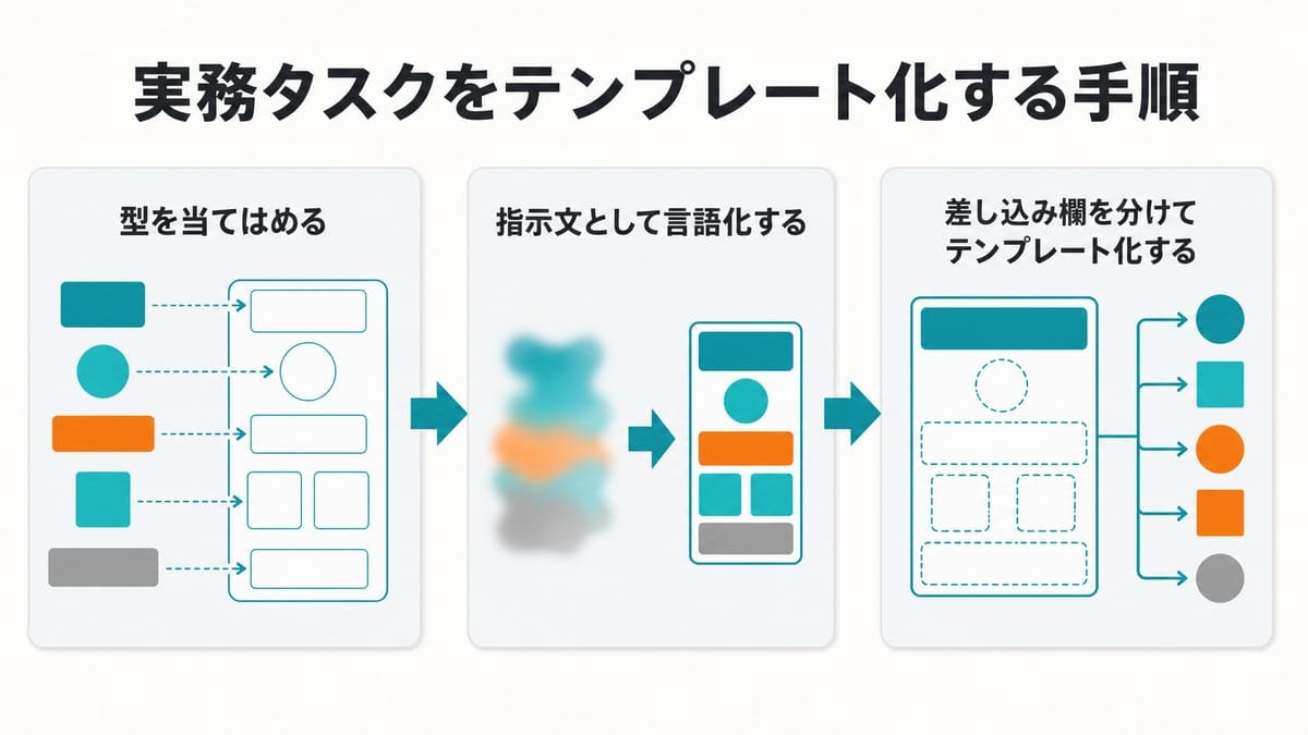 三つの段階が矢印でつながり、最後に差し込み欄付きテンプレートへ到達する工程図