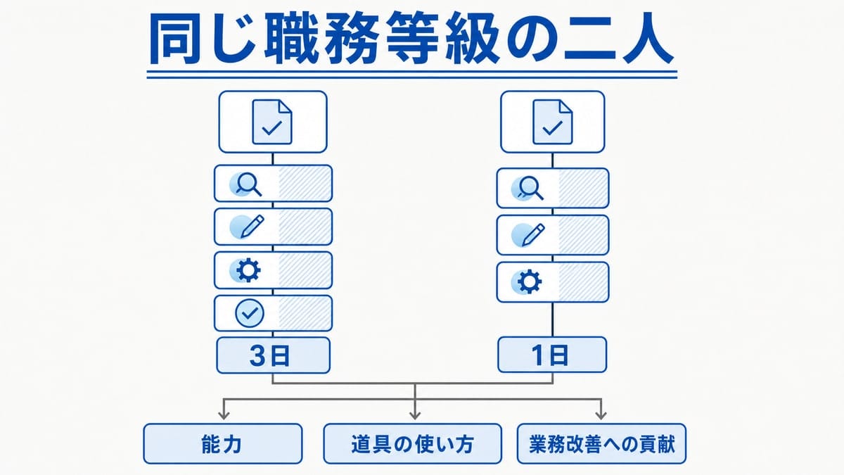 同じ成果物に至る工程の長さを左右で比べ、3日と1日の札から3つの判定タグへ矢印が分かれる比較図