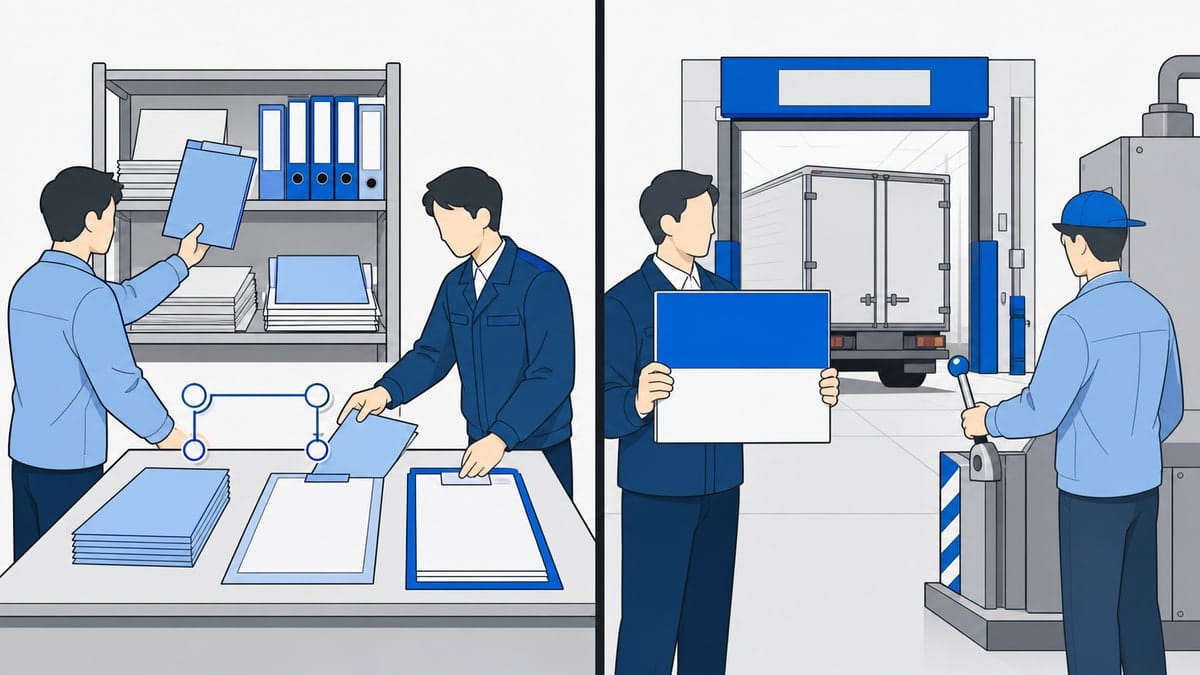 工場を左右に分けたイラスト。左は記録の束から報告書の下書きをまとめる担当者、右は出荷可否や設備停止を判断する管理者