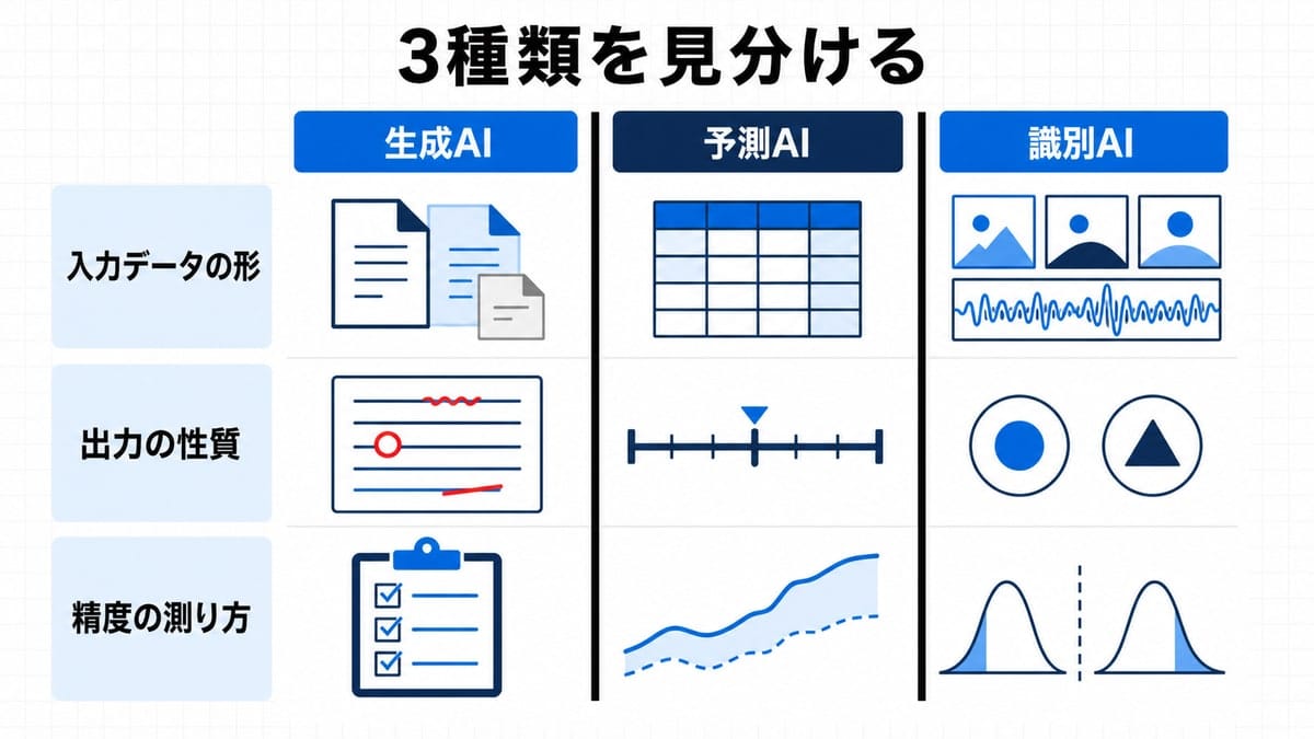 生成AI・予測AI・識別AIを入力・出力・精度の3行で並べた三列の比較図解