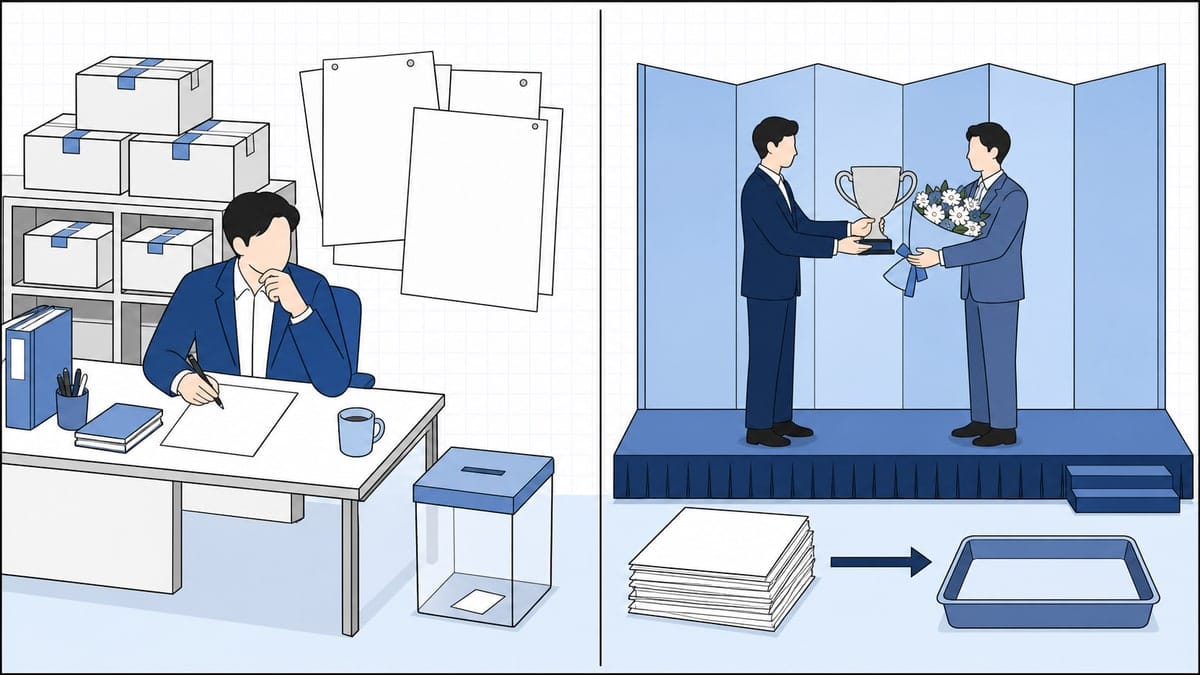 白紙の応募用紙を前に手が止まる社員と、壇上のトロフィーの足元に積まれたままの受賞書類を並べた2枚組のイラスト