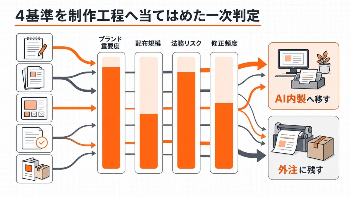 販促制作の工程一覧から4本の判定ゲージを通り、社内側と外注側の2つの受け皿へ矢印で振り分けられる横長の図解